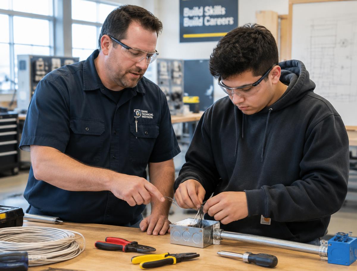 Instructor teaching an apprentice electrical wiring